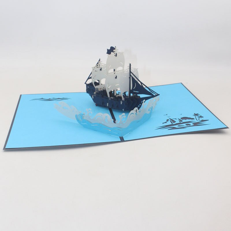 3D Handgemaakte Blauw Cover Wit Blauw Boot Zeilschip en Sea Wave Papieren Wenskaarten Postkaart Verjaardag Bussiness