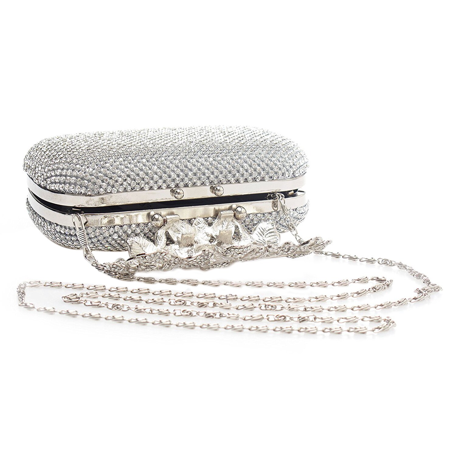 Unique Clasp Silver Diamante Crystal Diamond Evening bag Clutch Purse Party Bridal Prom