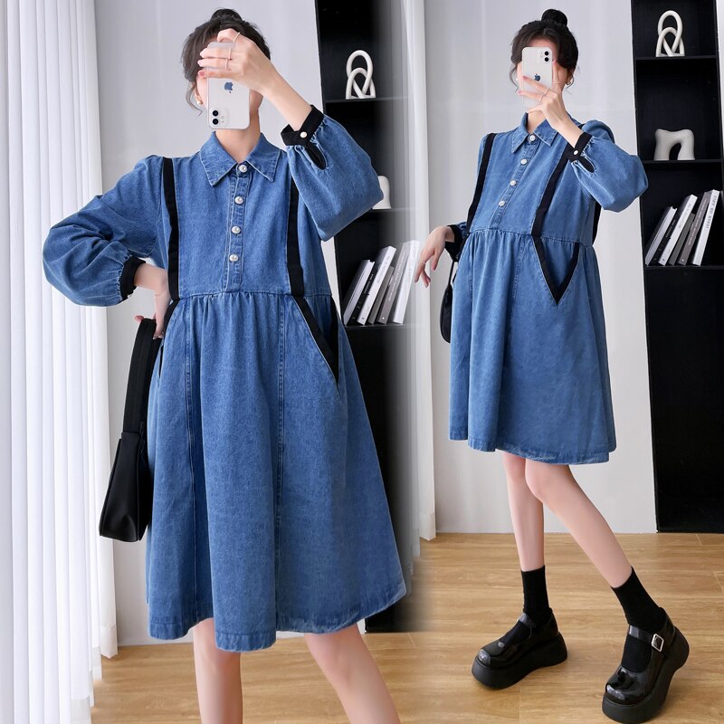 Vestido vaquero premamá de manga larga para mujeres embarazadas, ropa de embarazo de estilo coreano, con cuello vuelto, botón, a la