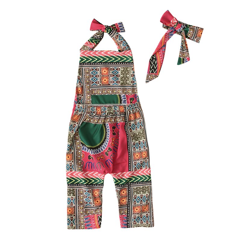 Toddler børn baby piger sommer tøj bomuld afslappet afrikansk print ærmeløs vest rem toppe romper pandebånd jumpsuit tøj