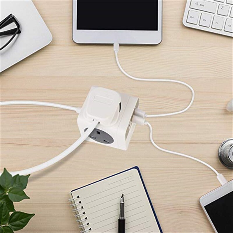 Cube Extension Lead with 3 USB 4 Way Swithed Surge Protected UK Power Socket 2M Extension Cord
