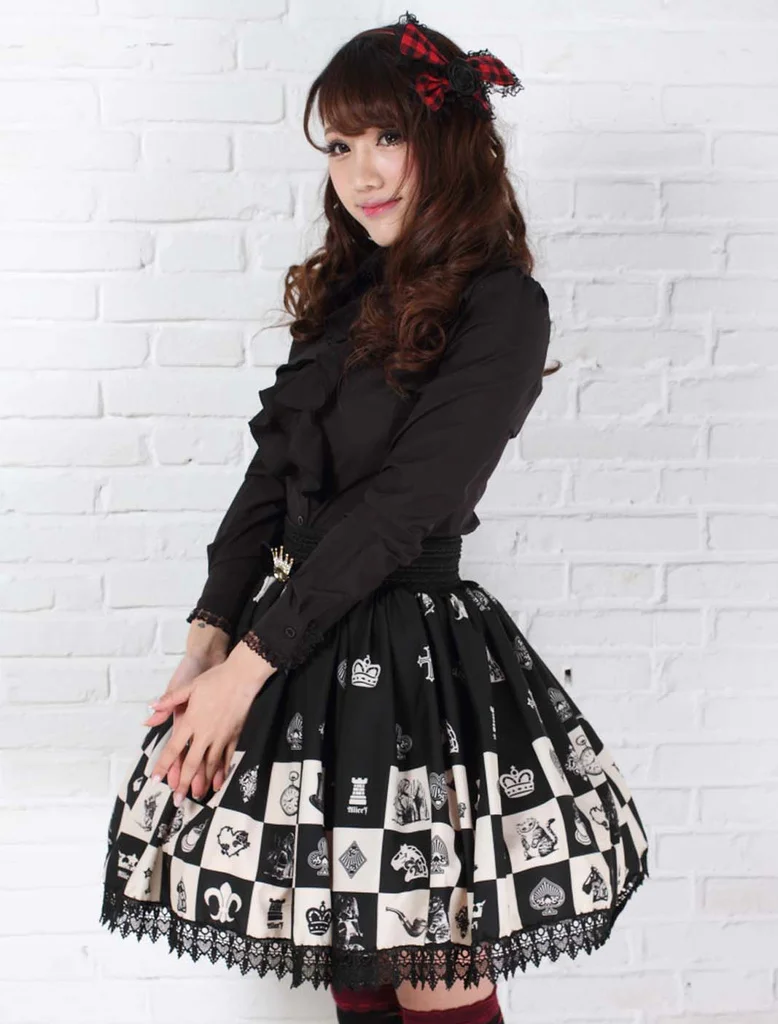 Gotisk elastisk talje skater nederdel sød ternet/ternet kawaii sort blonde korte lolita nederdele