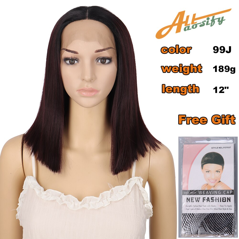 Allaosify Korte Bob Lace Front Pruiken Voor Zwarte Vrouwen Rechte Synthetische Pruik Hoge Temperatuur Vezel Haar Roze Donker Rood Blauw: LACE-4588-99J