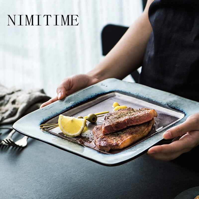 1Pc Nimitime Japanse Stijl Keramische Vierkante Steak Plaat Retro Diner Plaat Westerse Diner Plaat