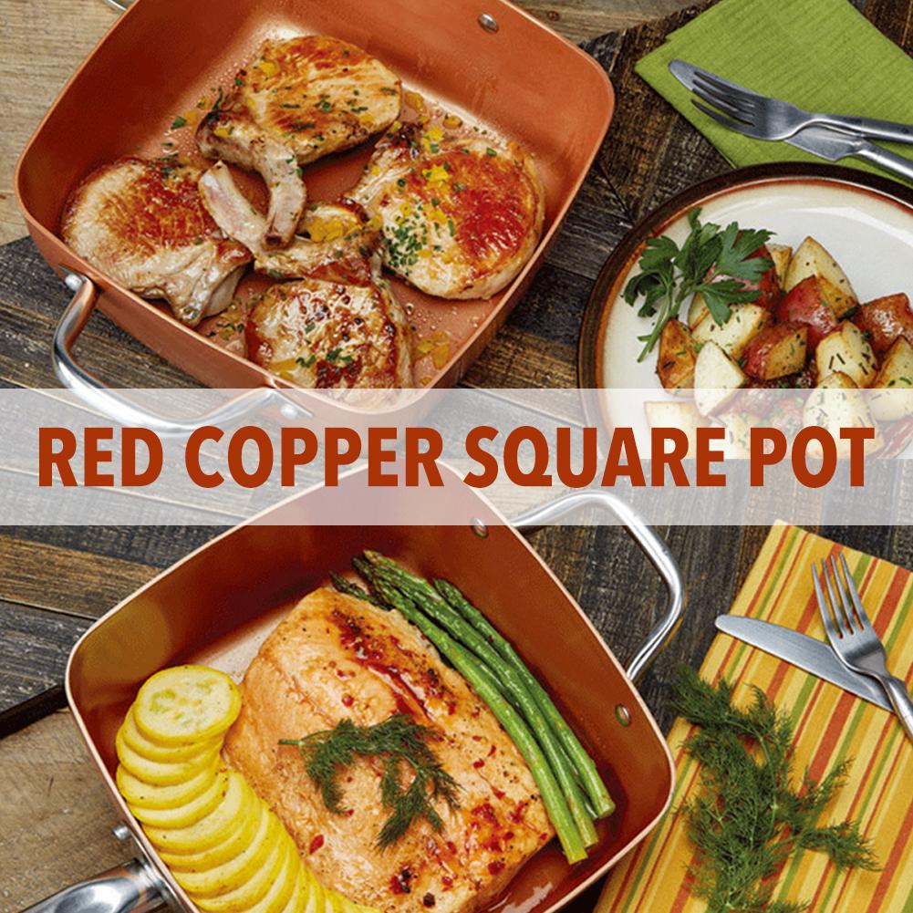 Cuivre rouge Carré Pot antiadhésif Poêle À Frire En Céramique Avec Couvercle Vapeur Marmite Cuisine Cuisson Cuisson Ustensiles De Cuisine