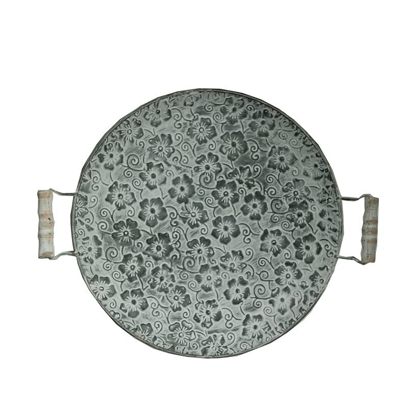 Handgemaakte Ronde Platte Metalen Plaat Retro Dessert Cake Brood Plaat Decoratieve Antieke Dienblad Met Houten Handgrepen Restaurant