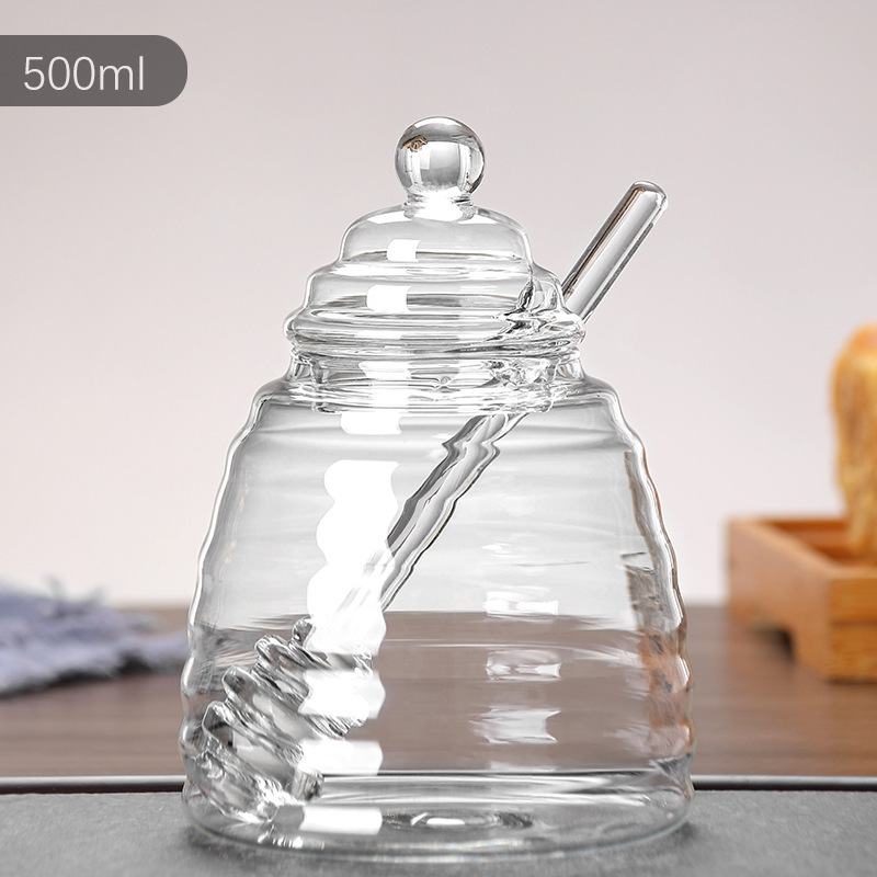 Glass Honey Jar Glass Honeycomb Tank Kitchen Tools Honey Storage Container with Dipper and Lid Honey Bottle for Party Kitchen: GRAY