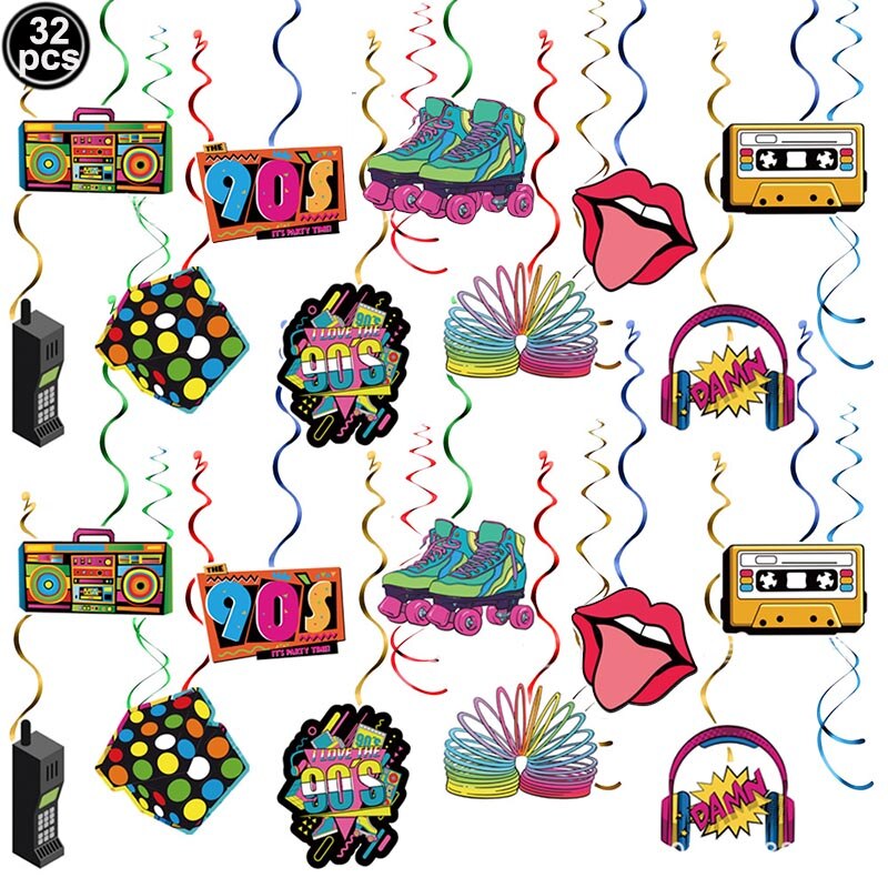 Hip Hop Hanging Swirl Musical instrument Banner Ceiling Shiny Hanging Swirl Decor For 80‘s 90’s Birthday Party Decorations: 32pcs