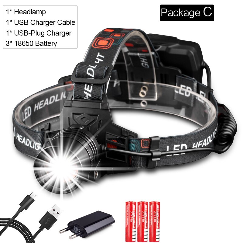 Super Krachtige Koplamp USB Oplaadbare Koplamp XHP70 XHP50 LED Head Light Zoomable Head Lamp Waterdicht Hoofd Front Light: Package C