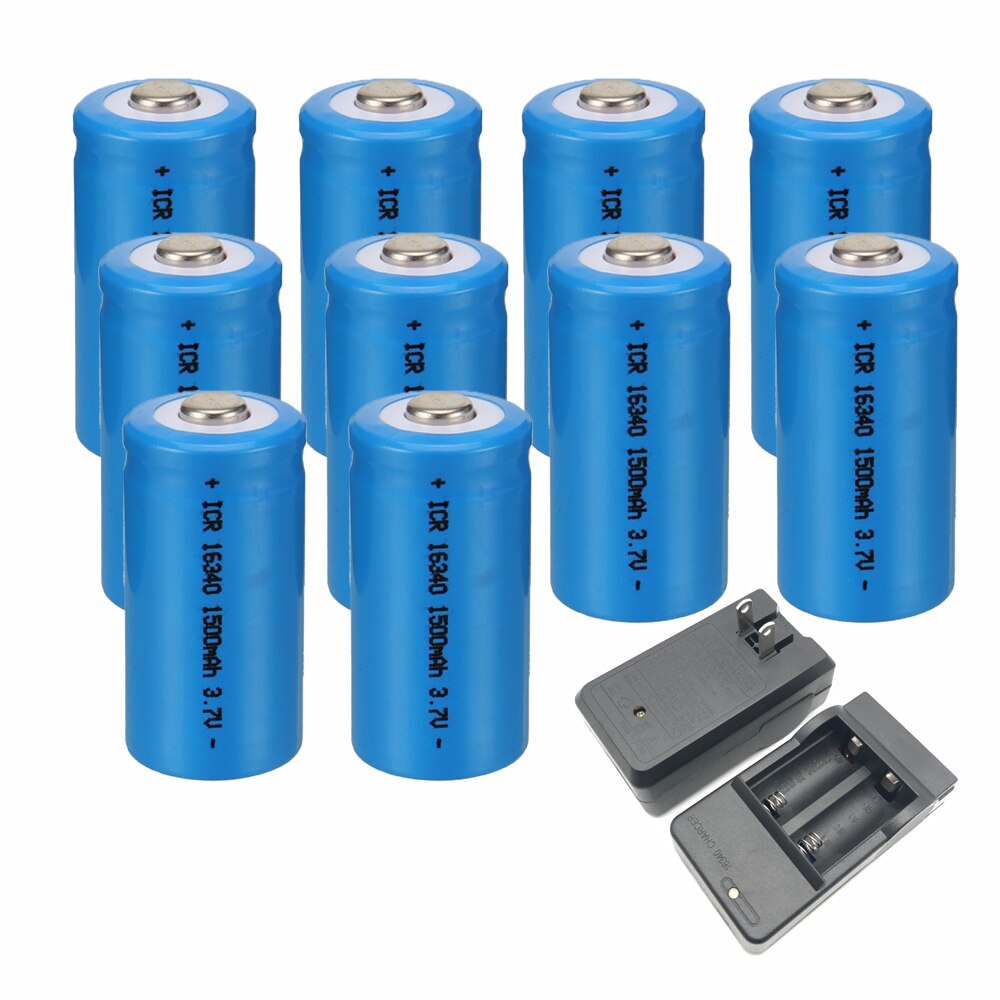 3.7V 1500mAh Rechargeable Li-ion Batteries 16340 CR123A Battery For CR123A 16340 battery For LED Flashlight Travel Wall Charger: 10pcs with charger