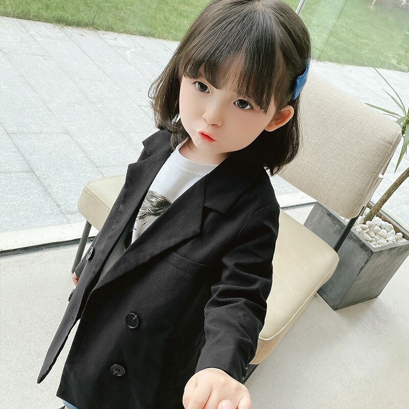 Small Children's Long Girls Blazer Kids Pure Color Double-breasted Casual Blazers Cotton Blend Uniform Toddler Costume Outerwear