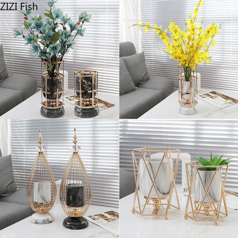Nordisk marmor konsistens keramisk vas blommor blomsterarrangemang bägare porslin gyllene legering ram blommor kruka modern heminredning