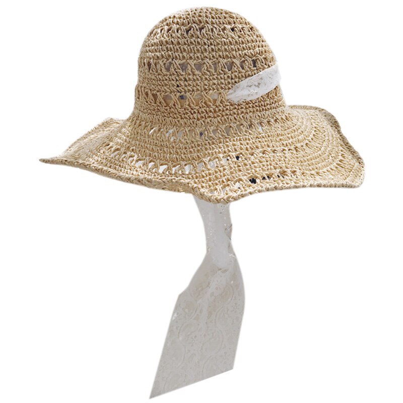 Zomerhoeden voor vrouwen stro zonnehoed dames meisjes kant lint strik strandhoed slappe dames reis opvouwbare: Default Title