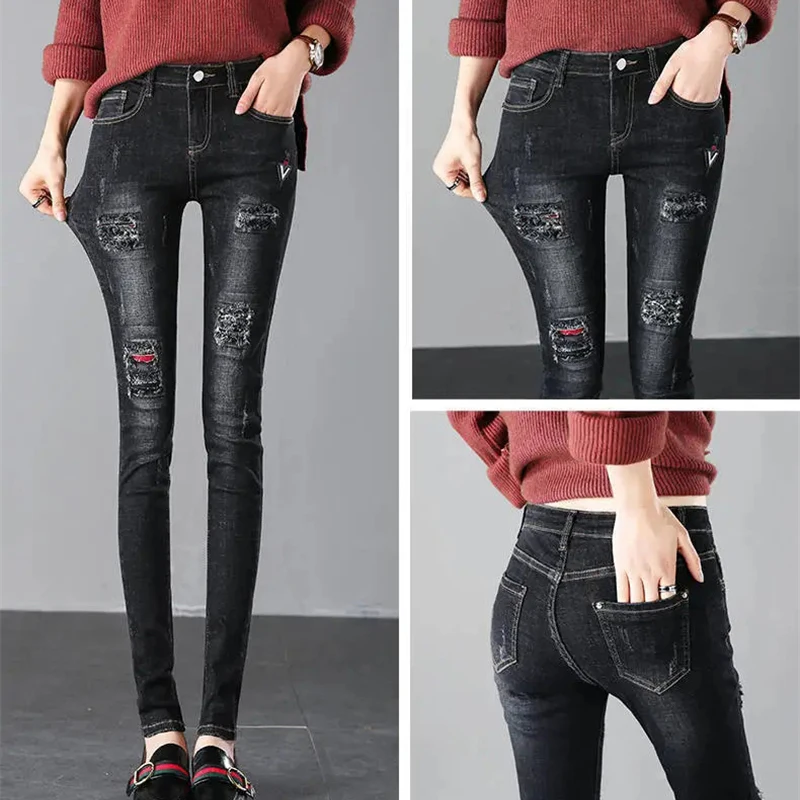 Jean déchiré Boyfriend pour femmes, Streetwear, slim, pantalon crayon, décontracté, noir, extensible