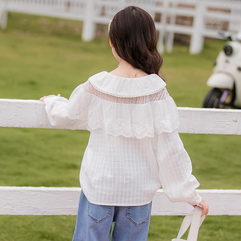 Meisjesblouses herfst kinderkleding kinderen kant wit geruite blouse schattige topjes tienermeisjes casual shirts 4 6 8 10 12 14 16y