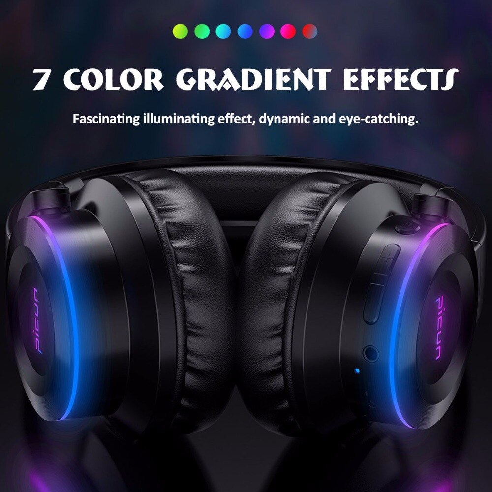 Picun  b9 vikbar bärbar trådlös bluetooth 5.0 hörlurar ledt headset pekstyrning hörlurar med mikrofon tf-kort för mobiltelefon