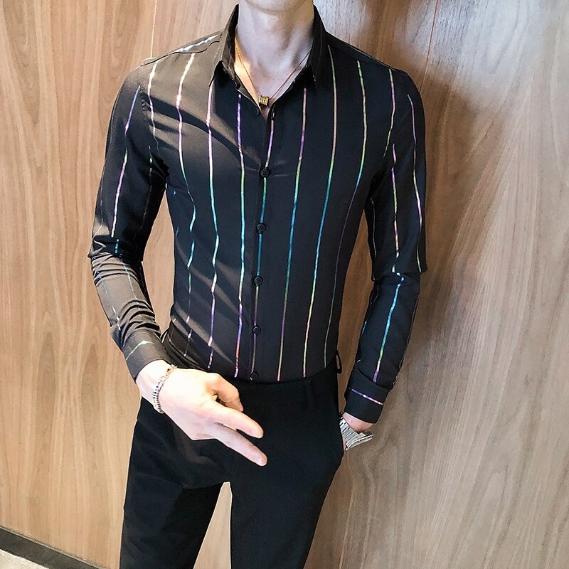 Sorte fargerike stripete skjorter for menn høst vinter lange ermer menn formelle skjorter slim fit business kontorskjorter