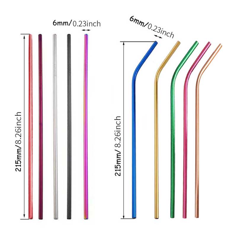 Stainless steel straight/elbow straw portable set reusable straw and straw cleaning brush silver/gold/rose gold/black/rainbow