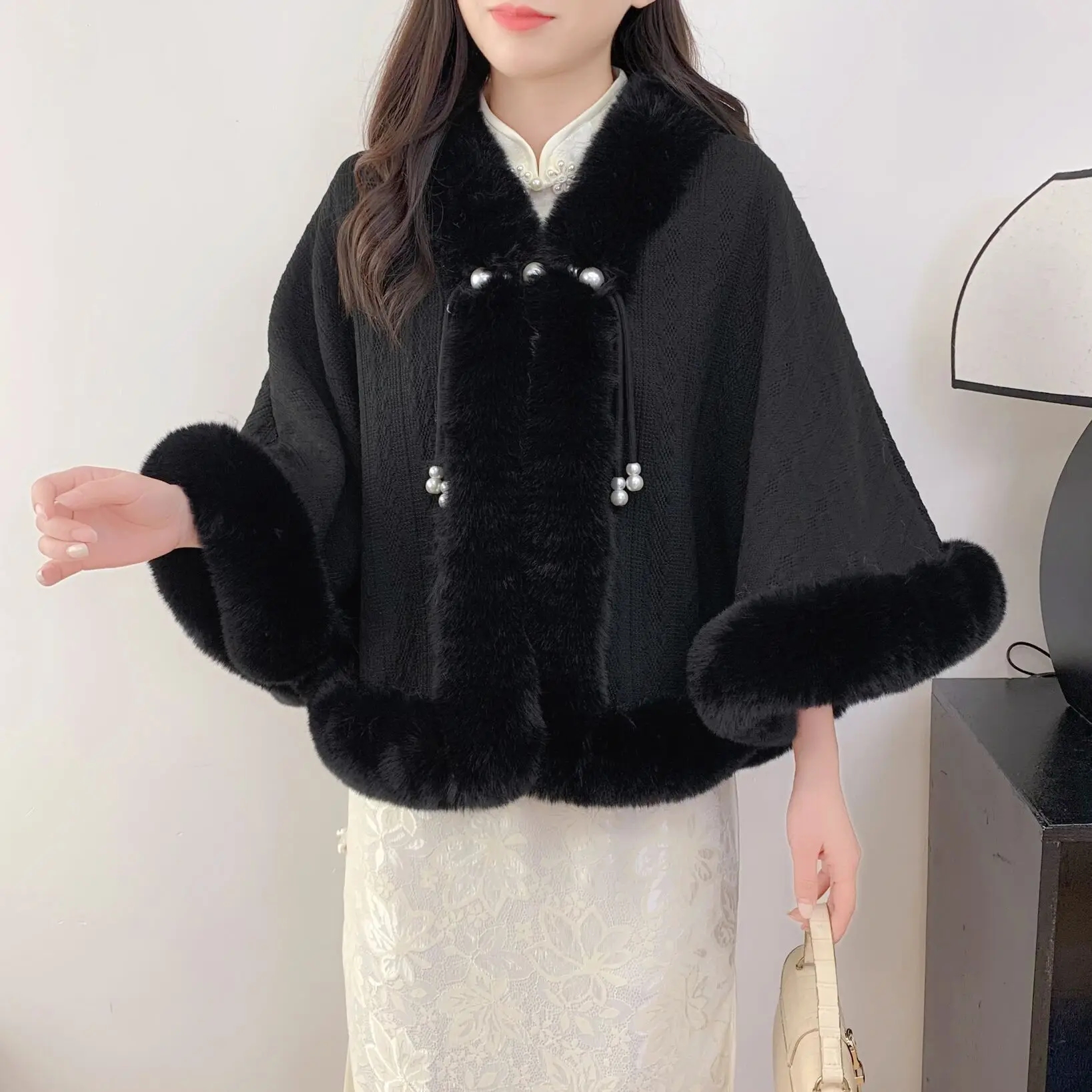 Poncho Mantel Schal Damen Herbst Winter Kurzer Druck Plüsch Verdickter Nachahmung Kaninchenfell Kragen Cheongsam Hochzeit Cape Mantel: Braun