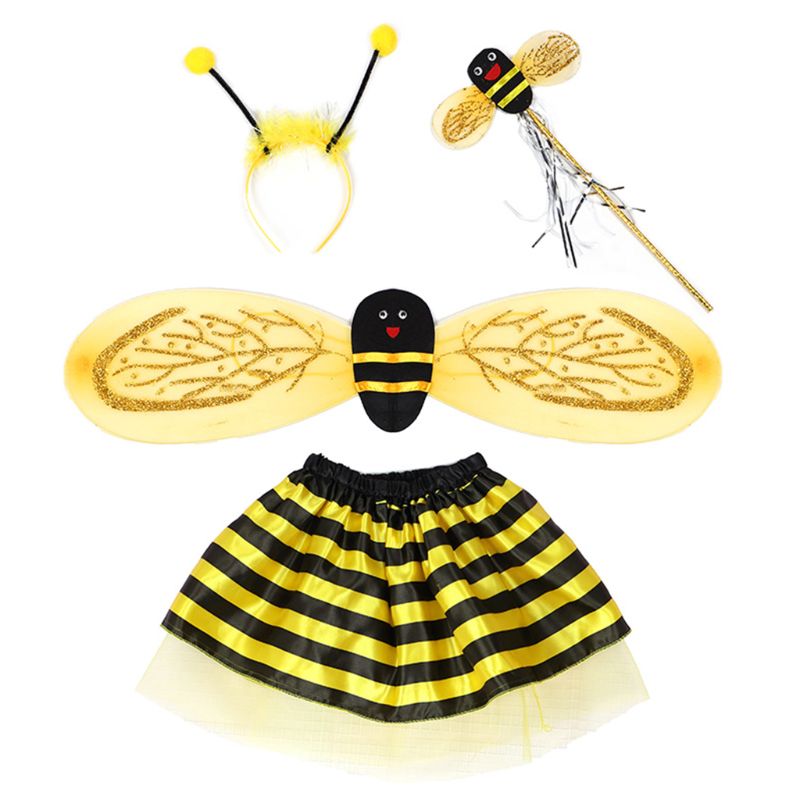 4 stk/sæt kid fairy kostume sæt mariehøne bi glitter sød vingestribet lagdelt tutu nederdel tryllestav pandebånd dress up halloween outfit: 2