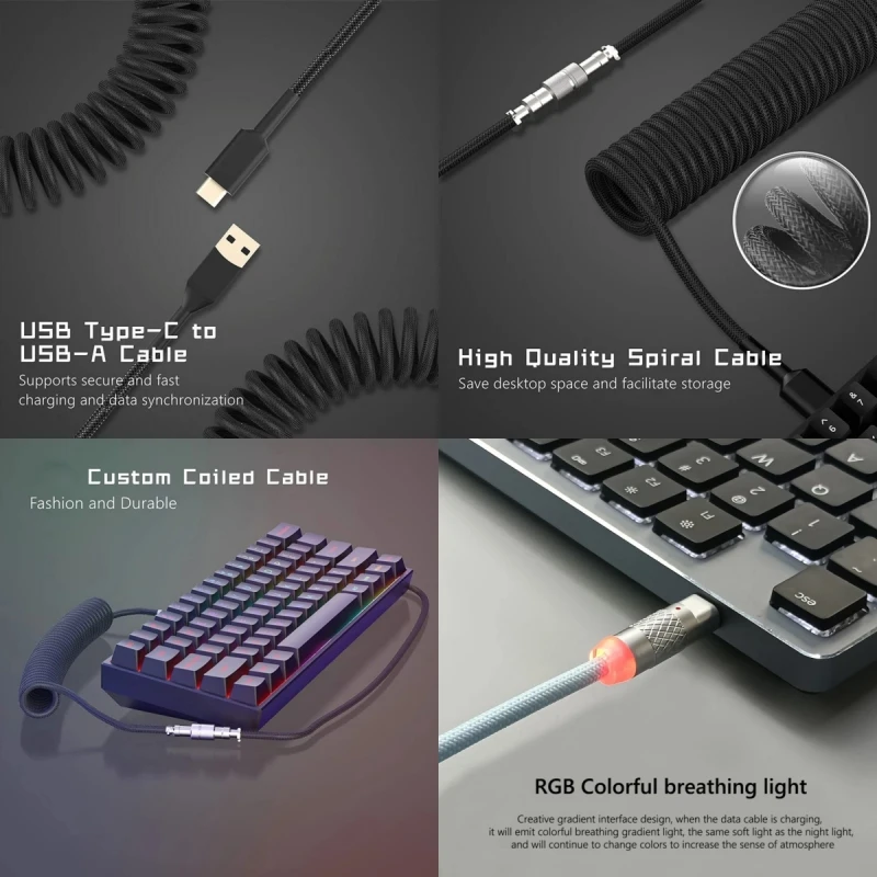3m brugerdefineret type c mekanisk tastatur spiralkabel usb-ledning mekanisk tastatur fjederledning desktop tastaturtilbehør