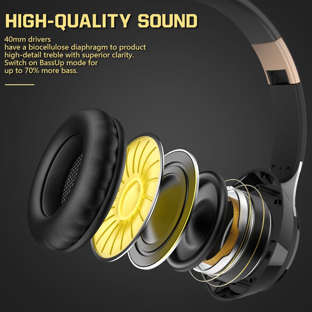 HIKIKO Bluetooth Headphones - Wireless Stereo Bass with Mic, TF Card Support, 40mm Drivers, Active Noise Cancelling