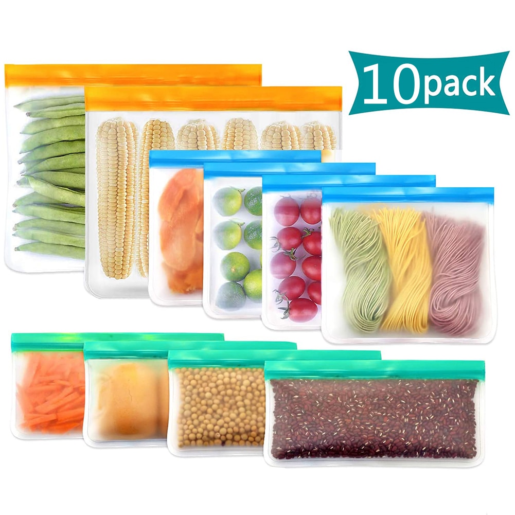 10 Stuks Herbruikbare Peva Silicone Voedsel Opbergtas Vriezer Tas Lekvrij Top Zip Lock Tassen Keuken Organizer Vers Houden tas