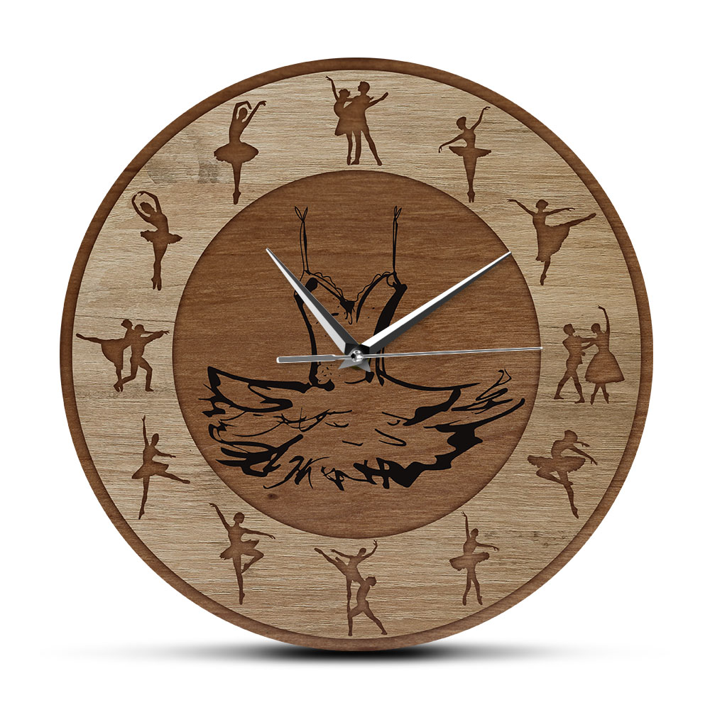 Ballet Time Ballerina Dancers Art Wood Texture Acrylic Printed Wall Clock Ballet TUTU Dress Girl Room Silent Hanging Wall Watch: No Frame