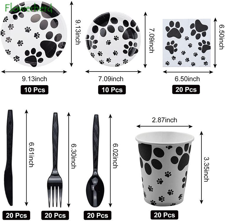 Dog Party Supplies Dog Paw Disposable Dinnerware Set Plates Napkin Cup Knifves Forks Spoon Birthday Party Baby Shower Decoration
