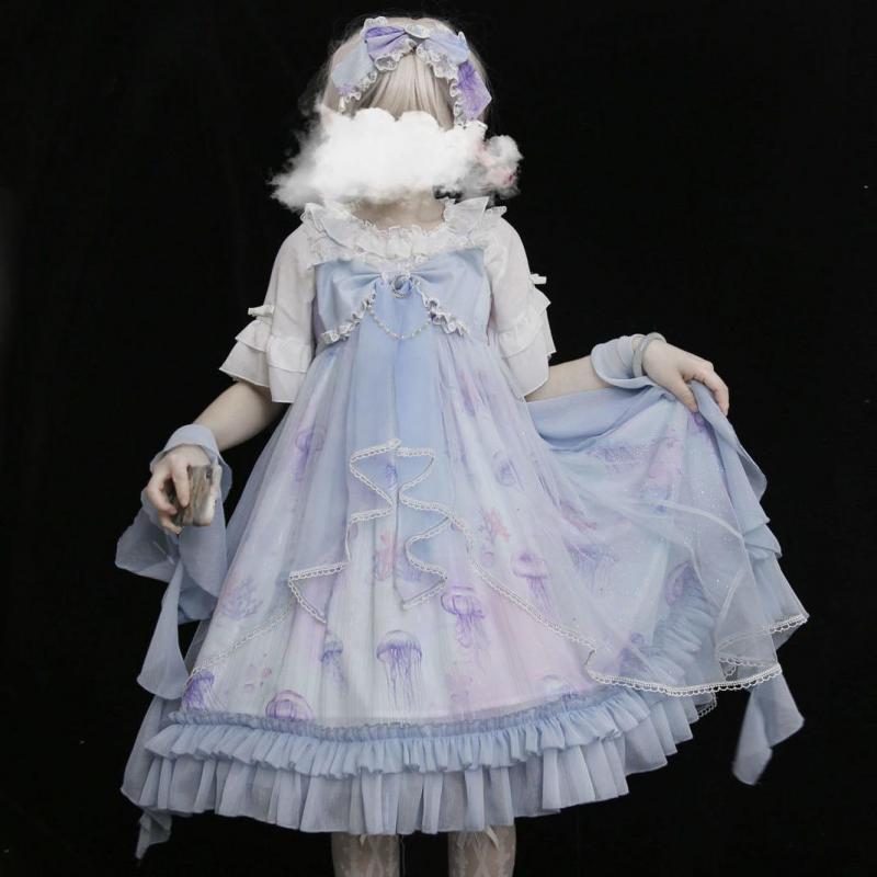 Soft Girl Cute Cartoon Cat Print Jsk Lolita Dress Japanese Sweet Lolita Dress Women Harajuku Chic Lace Tulle Bow Tea Party Dress