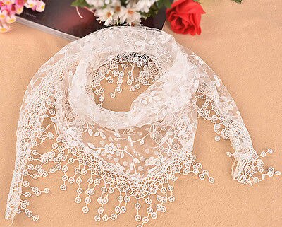 Women's Triangle Wrap Floral Women's Scarf Pure Laces Tassel Triangle Scarf Chiffon Stole Soft Scarves: White