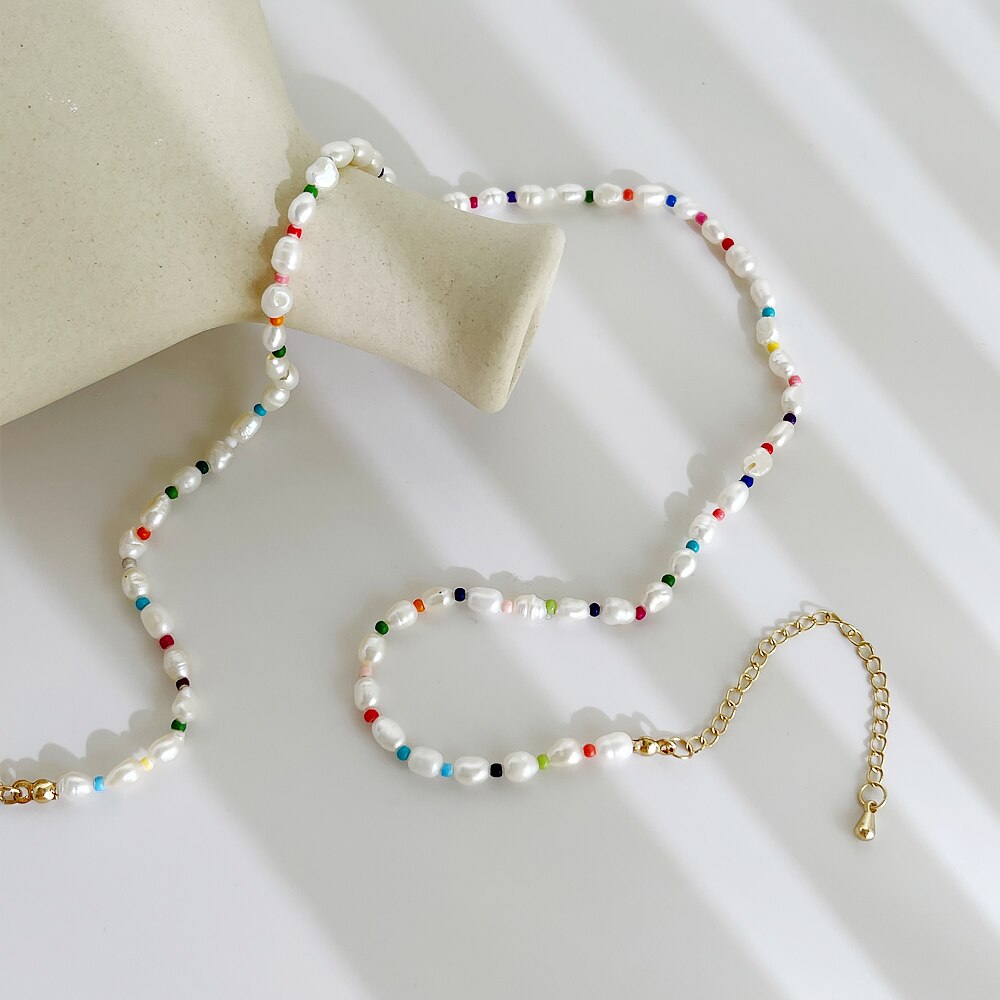 Peri'sbox Pearl Necklace - Rainbow Acrylic Beads & Baroque Freshwater Pearls - Summer Beach Choker for Women: Small pearl