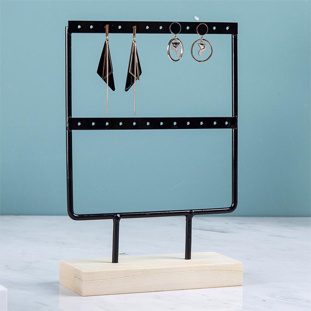 Comptoir de luxe pendentif boucles d'oreilles présentoir métal cintre en bois massif Piercing bijoux oreille goujons support suspendu support de rangement: Black 24 holes
