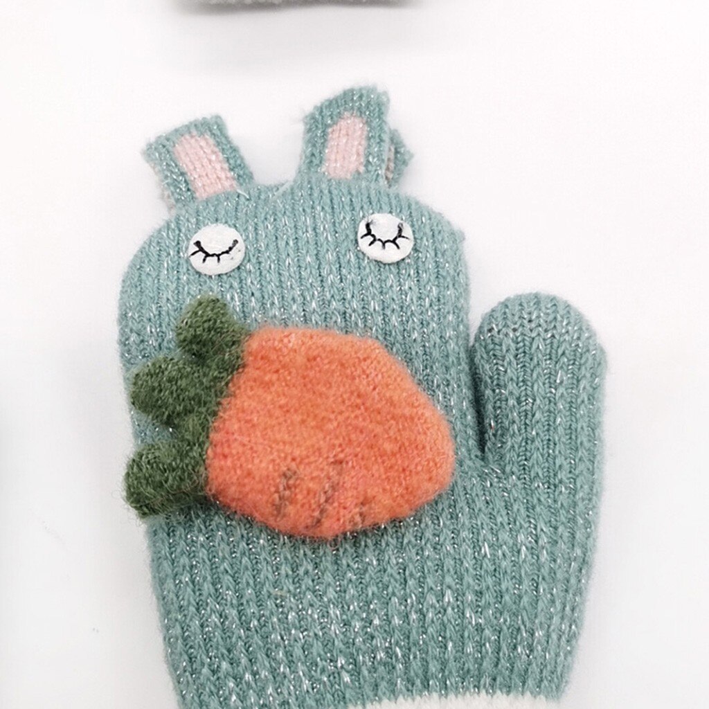 Cartoon Rabbit Knitted Gloves For Children Kids Boys Girls Carrot Applique Patchwork Hand Gloves Winter Warm Full Finger Mittens