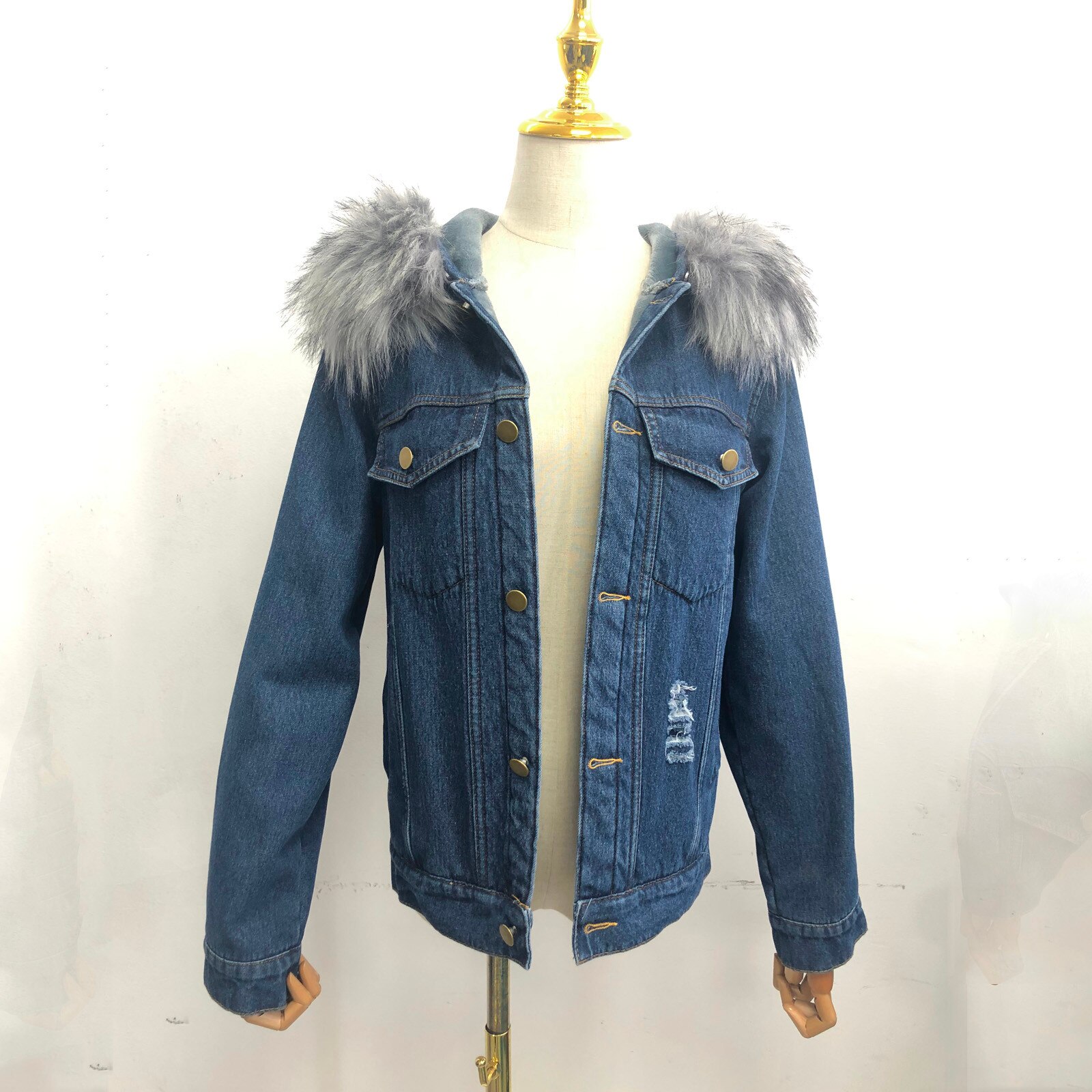 Women's Cowboy Jacket Denim Add A Long - Sleeved Denim Solid Thicken Mujer Coat With A Fur-trimmed Collar #t2g