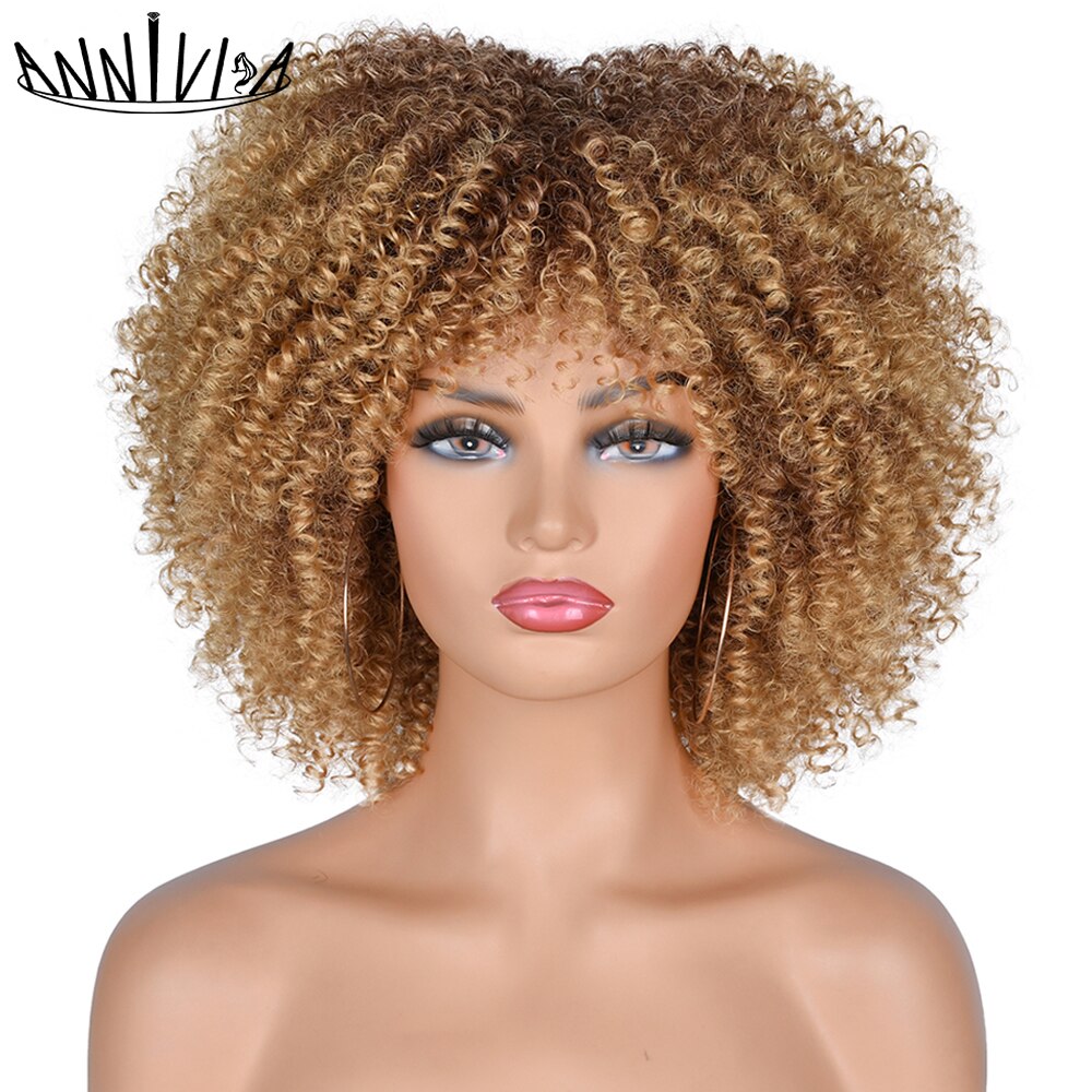Short Hair Afro Kinky Curly Wigs With Bangs African Synthetic Ombre Cosplay Wigs For Black Women High Temperature: T1B/613