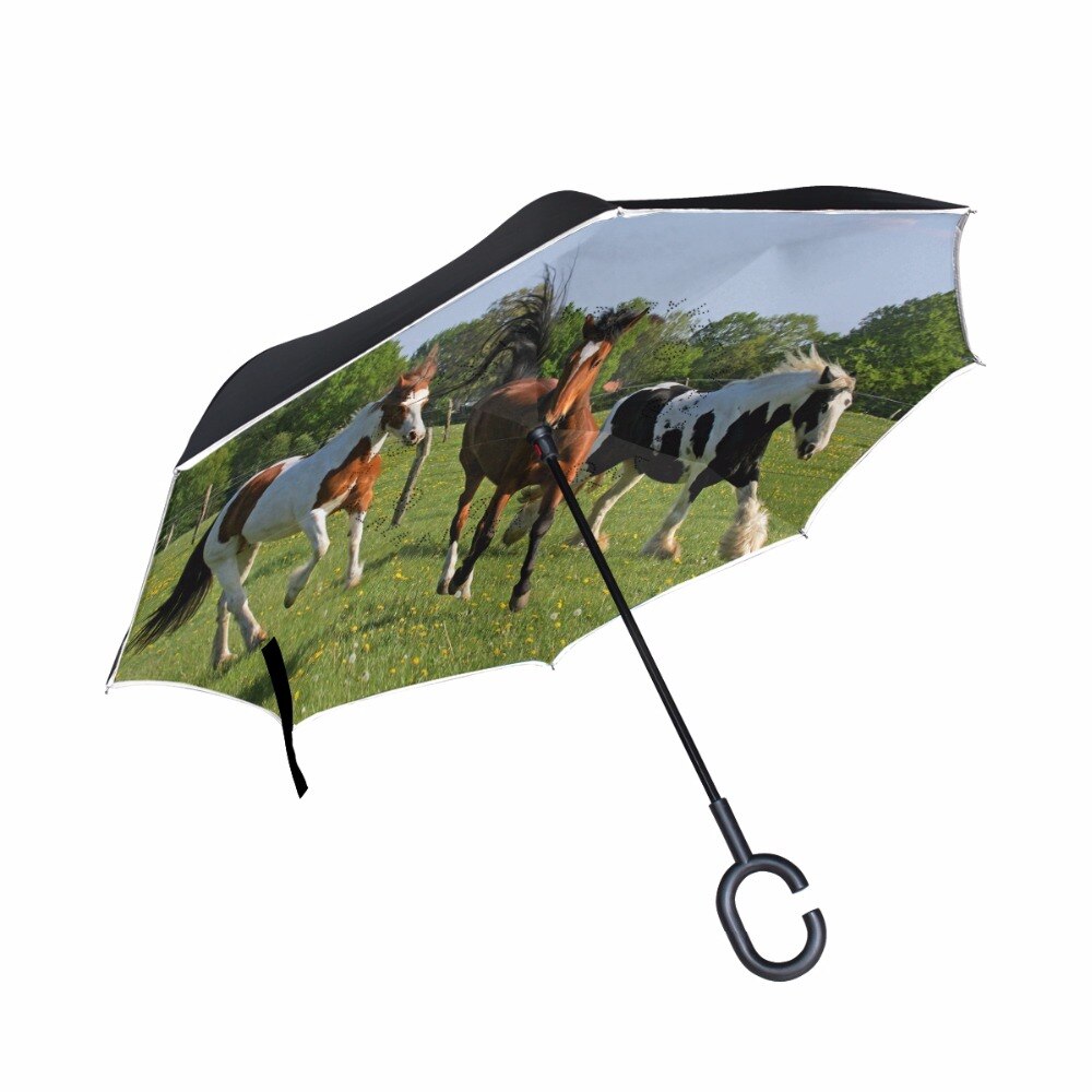 C-Hook Windproof Reverse Umbrella Long Shank Inverted Double Layer Horse Rain Protection Umbrella