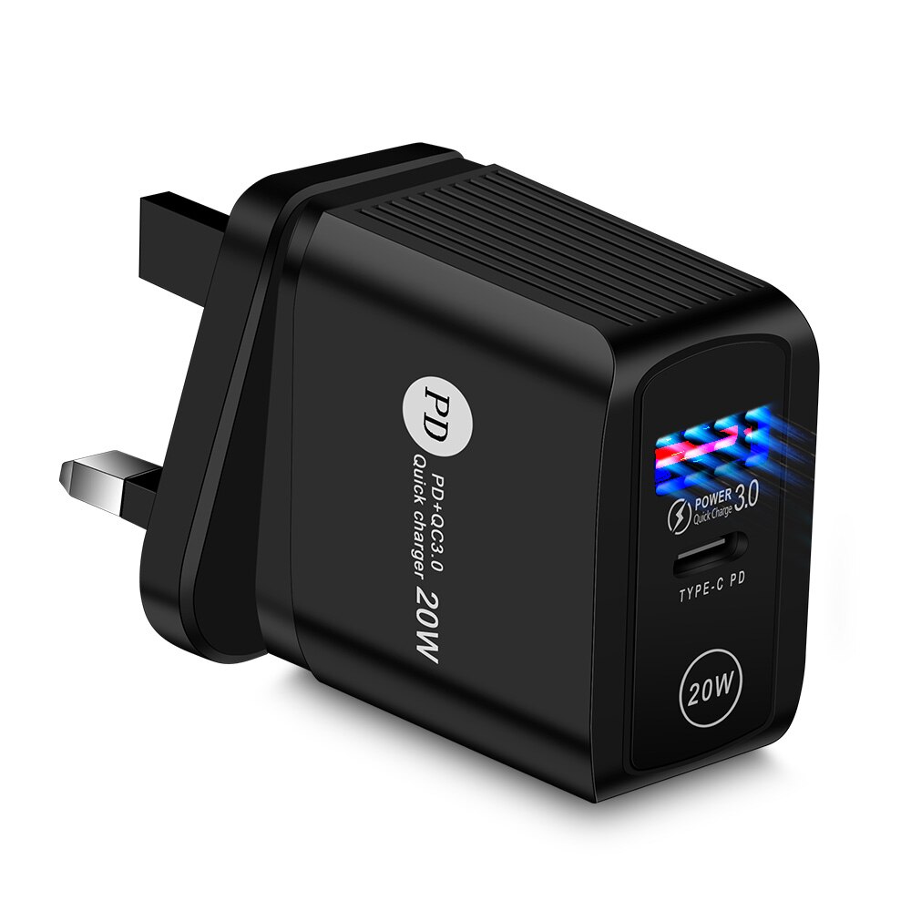 GTWIN PD 20W compatible QC 3.0 fast charging mobile phone charger EU/US/UK Plug quick charge Black For iphone 12 pro: Black-UK