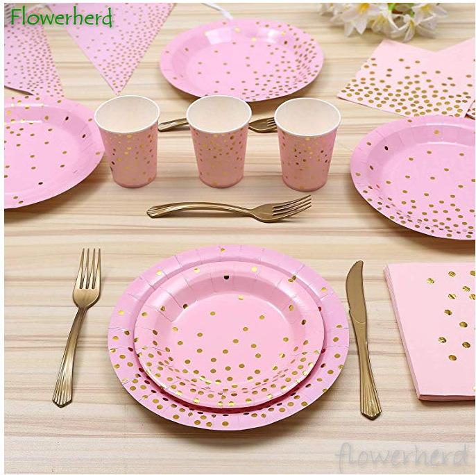 Roze Feestartikelen Set Stippen Papieren Borden Wegwerp Servies Set Servetten Cups Vork Messen Lepel Verjaardag Bruiloft Baby Shower