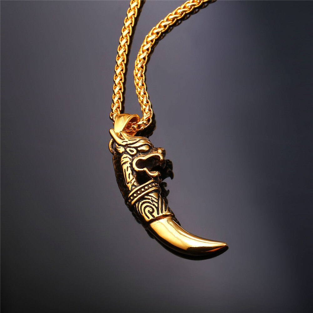 Starlord retro punk varg tand hänge halsband rostfritt stål/guld färg drakhuvud berlock amulett herr smycken  gp1907