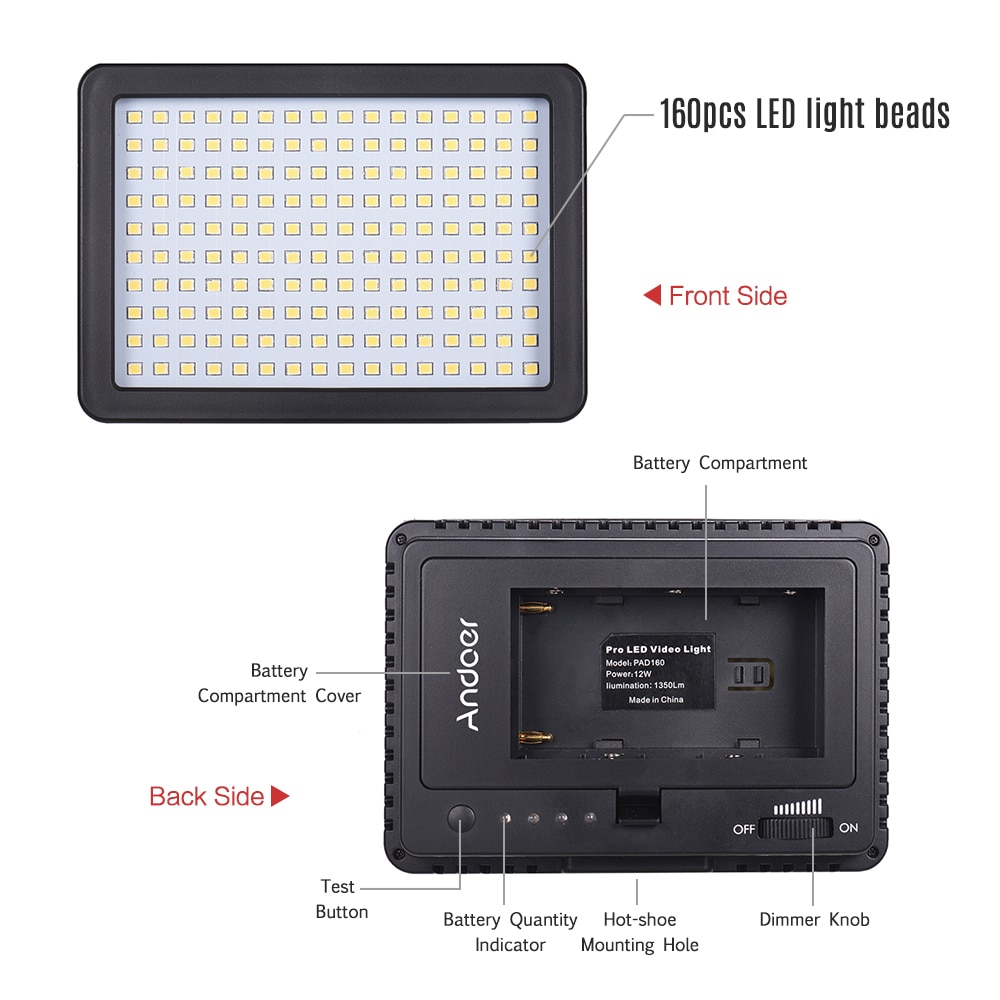 Andoer-Luz LED 5600K para fotografía, lámpara de cámara brillante, 3 filtros para vídeo, para Canon, Nikon, Pentax, Sony, Olympus, DSLR