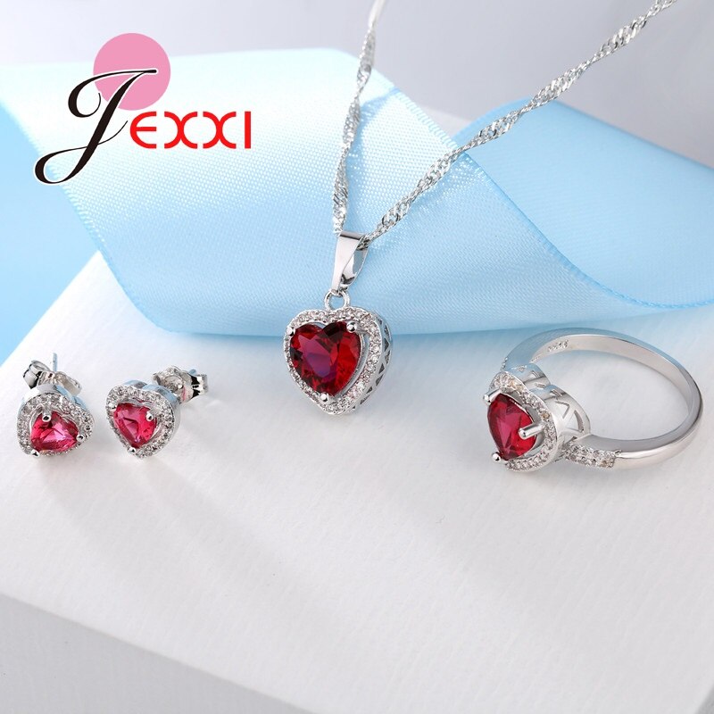 Nuovo Modo di Arrivo 925 Gioielli In Argento Sterling Set di Fascino Cuore Rosso Collana + Orecchini + Anello Set di Commercio All'ingrosso