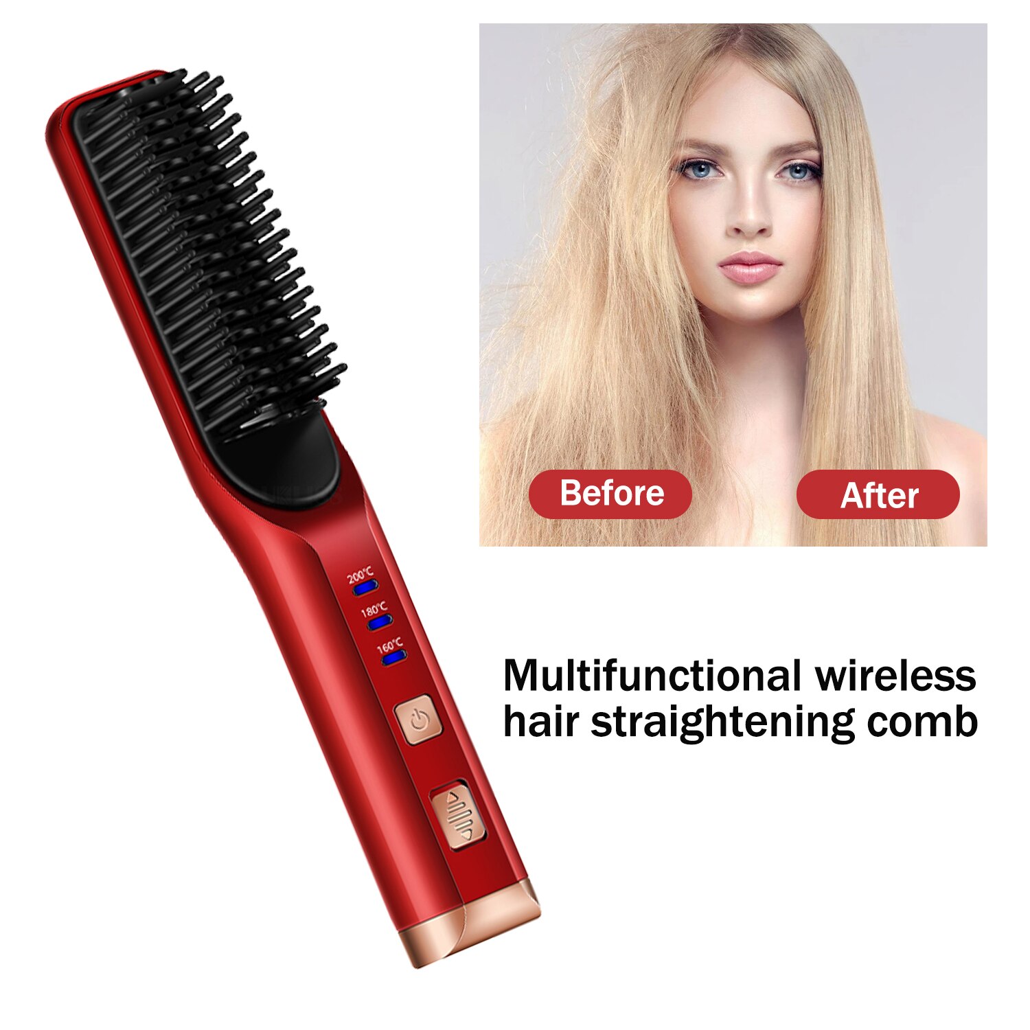 Newly Wireless Hair Straightener Brush Styler Mutilfunction Eletric Hair Straightener Comb Protable USB Rechargeable Flat Iron: Red