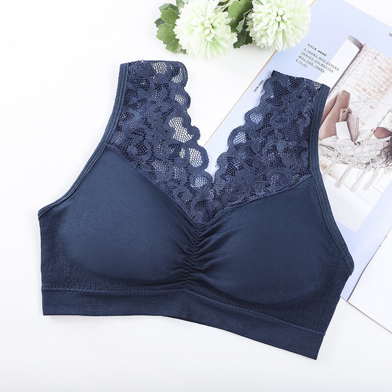 Wanayou ademende dames sportbeha met kant, push-up workoutbeha voor dames, elastische schokbestendige fitness yogabeha, naadloze gevoerde sportbeha: Blauw