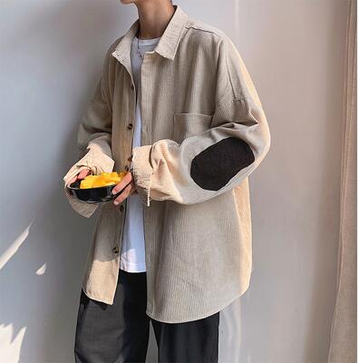 Mannen Mode Thicken Corduroy Materiaal Jassen Borduren Patchwork Overhemd Franse Manchet Heren Shirts Camisa Masculina M-2XL: creamy-white / XL