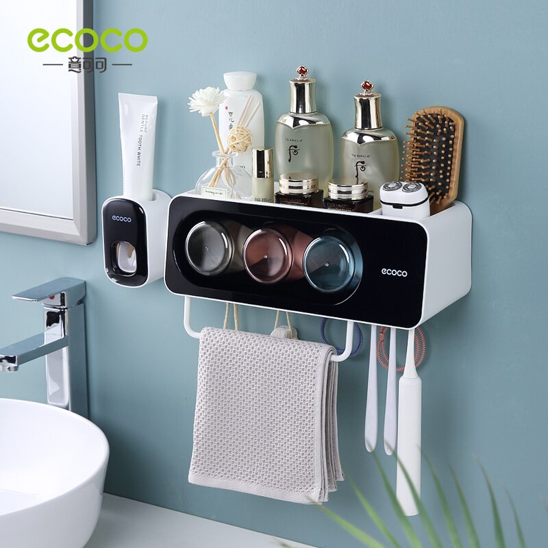 ECOCO Multifunctional Toothbrush Holder Towel Bar Free Punching Automatic Toothpaste Dispenser Squeezer Bathroom oom Accessories