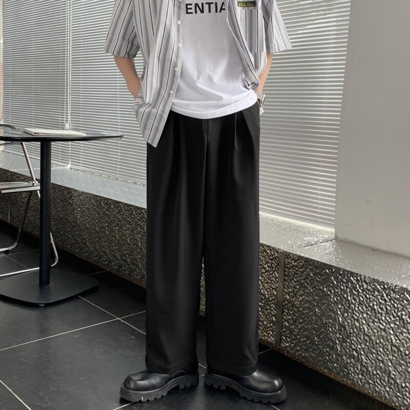 Spring Summer Wide-leg Pants Men's Black Brown Casual Pants Men Korean Loose Straight-leg Suit Pants Mens Dress Pants