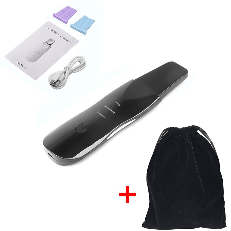 Ultrasonic Skin Scrubber Deep Cleaning Face Scrubber Vibrating Facial Cleansing Skin Spatula Peeling Beauty Instrument Device: Black bag