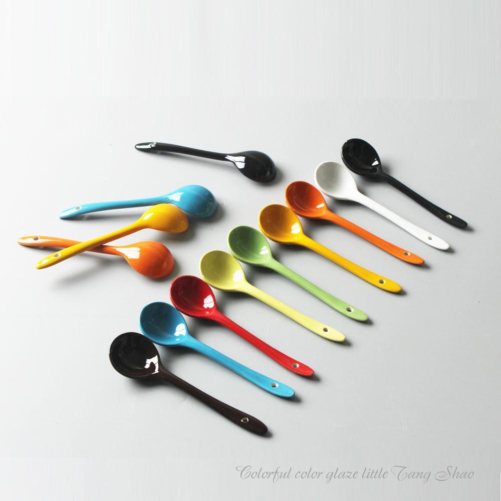 2 PC Colorful Ceramic Spoons Japanese And Korean Colorful Small Spoon Restaurant Spoon White Soup Spoon