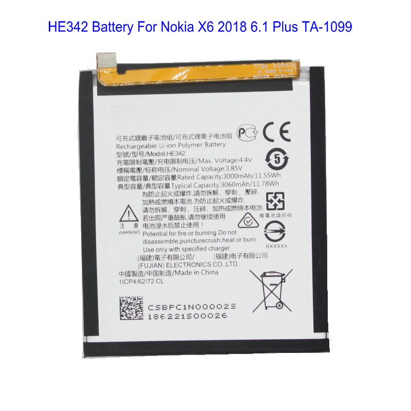 1x HE342 3060 Mah/11.78Wh Vervangende Batterij Voor Nokia X6 6.1 Plus Ta-1099 Ta-1109 x5 5.1 Plus Batterijen Bateria: Without tool